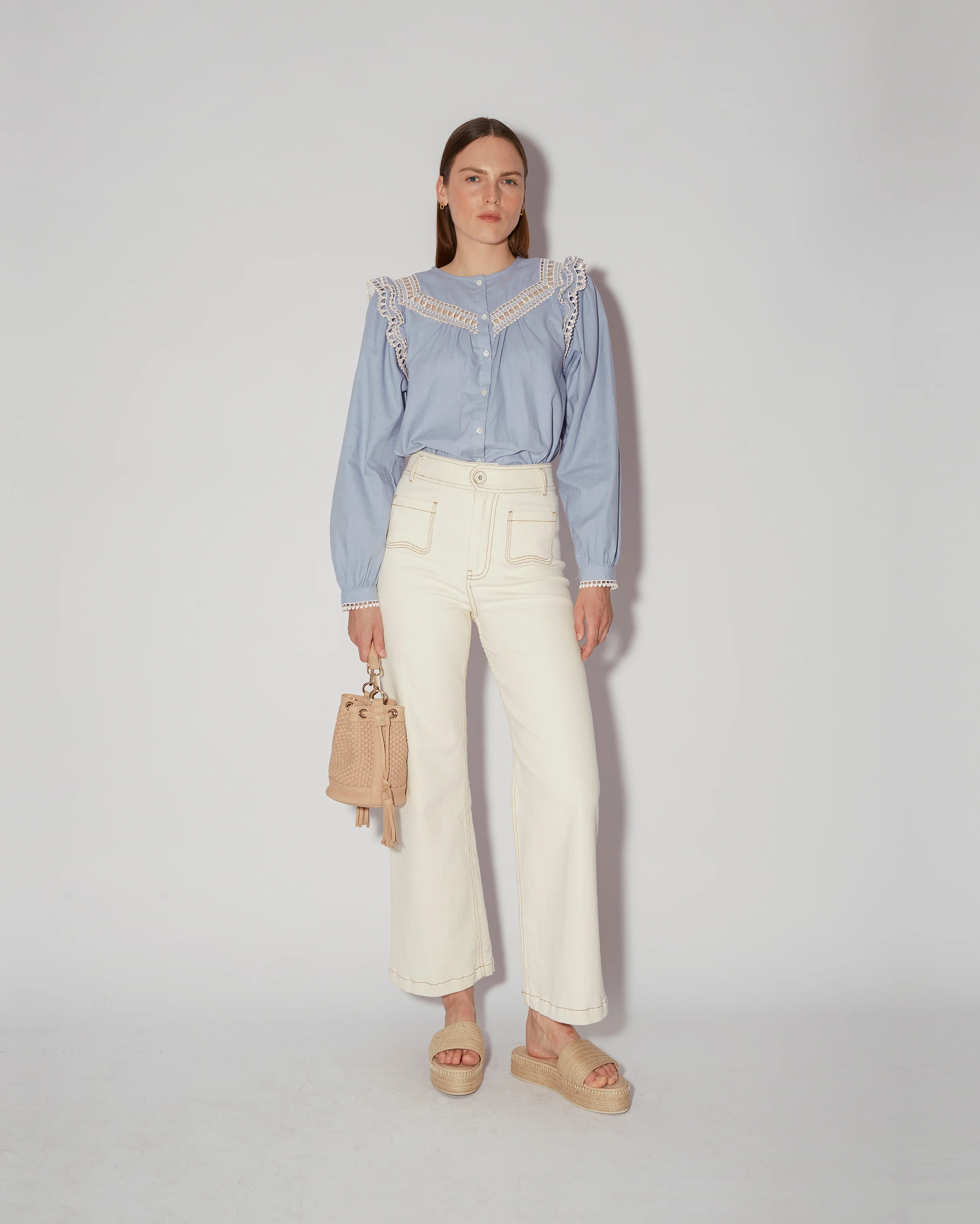 Elegant Lace-Trimmed Blue Blouse